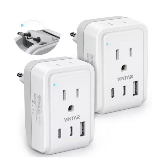 3.4 Amp. Grounded Plug Travel Adapter with 2 AC Outlets 3 USB Ports 2 USB C Type C Power Adapter to Most Europe (2-Pack) - 91012166199
