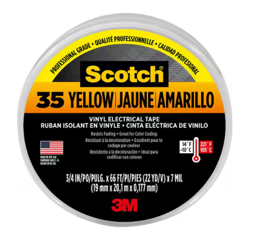 Scotch 3/4 in. x 66 ft. x 0.007 in. #35 Electrical Tape, Yellow (Case of 5) - 91003994326