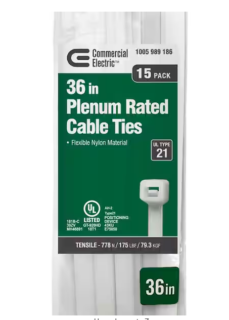 36in Heavy Duty 175lb Tensile Strength UL 21S Rated Cable Zip Ties 15 Pack Natural (White) - 91005989186