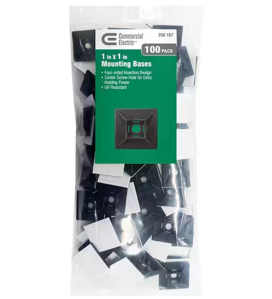 Square Adhesive Cable Tie Mounts, 1 in. x 1 in., UV Rated - Rubber Based Mounting Pad, 100-Count, Black - 9296167