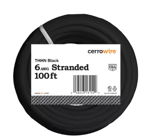 100 ft. 6 Gauge Black Stranded Copper THHN Wire - 9205520