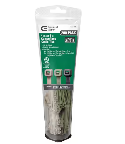 4in, 8in Assorted Camouflage UL 21S Rated Cable Zip Ties 200 COMBO Pack (Assorted Colors) - 9777609
