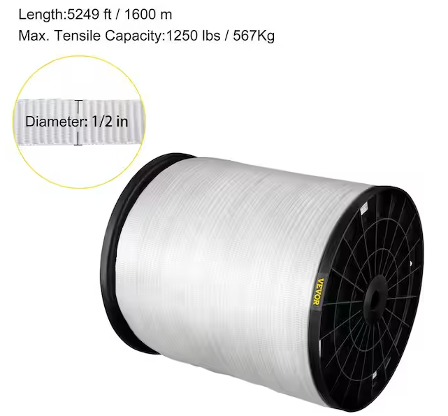 528 ft. x 1/2 in. Polyester Pull Tape 1250 lbs. Tensile Capacity Flat Tape for Pulling Loading Packing, White - 91008150977