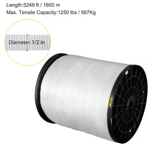 528 ft. x 1/2 in. Polyester Pull Tape 1250 lbs. Tensile Capacity Flat Tape for Pulling Loading Packing, White - 91008150977