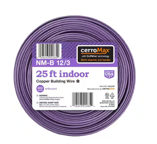 25 ft. 12/3 Purple Solid CerroMax SLiPWire Copper NM-B Wire - 91010898445