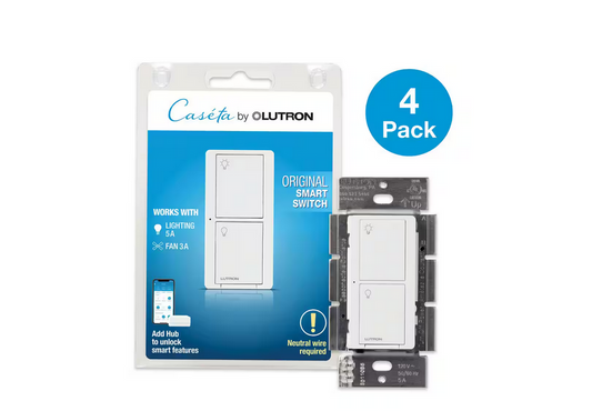 Caseta Smart Switch for All Bulb Types or Fans, 5A, Neutral Wire Required, -White (PD-5ANS-WH-R-4) (4-Pack) - 91007776993