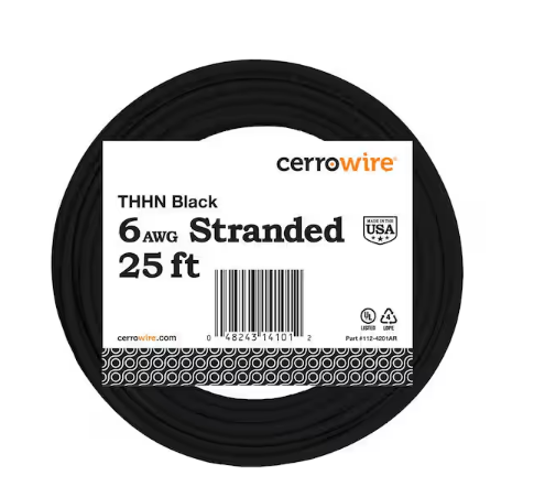 25 ft. 6 Gauge Black Stranded Copper THHN Wire - 9205388