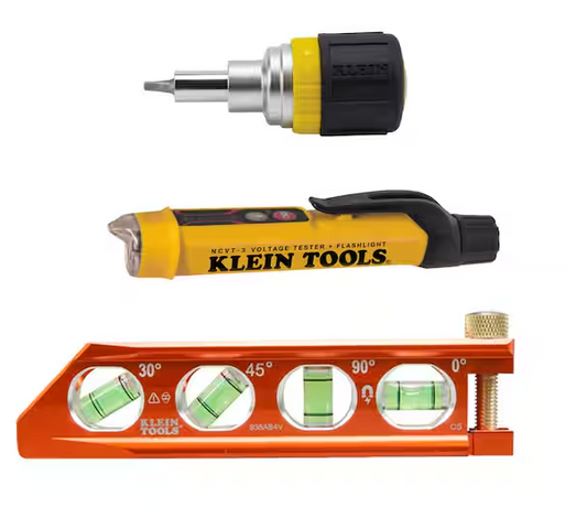 3-Piece Voltage Tester, Stubby Multi-bit Screwdriver and Level Tool Set