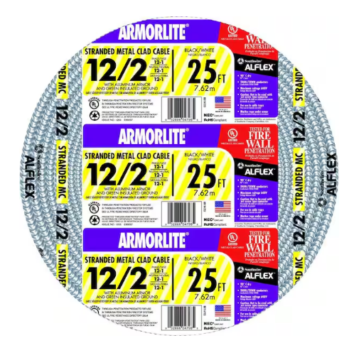 12/2 x 25 ft. Stranded CU MC (Metal Clad) Armorlite Cable - 9162099