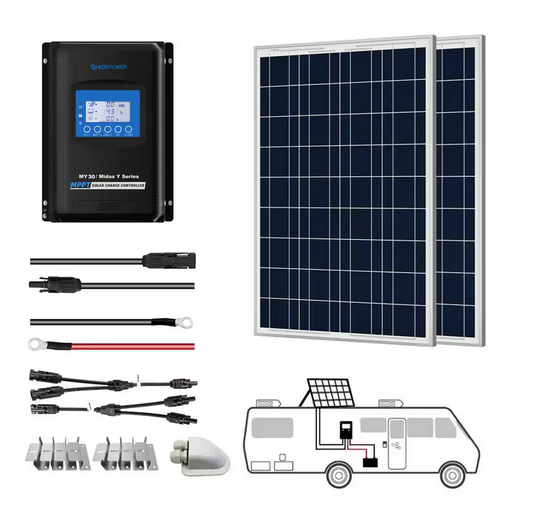 200-Watt Polycrystalline OffGrid Solar Power Kit with 2 x 100-Watt Solar Panel, 30 Amp MPPT Charge Controller - 91006356477