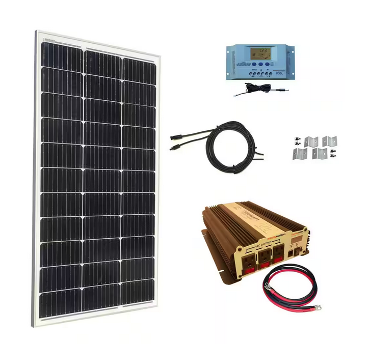 100-Watt Monocrystalline Solar Panel Kit with 30 Amp Solar Charge Controller Plus 1500-Watt Power Inverter - 91007714071