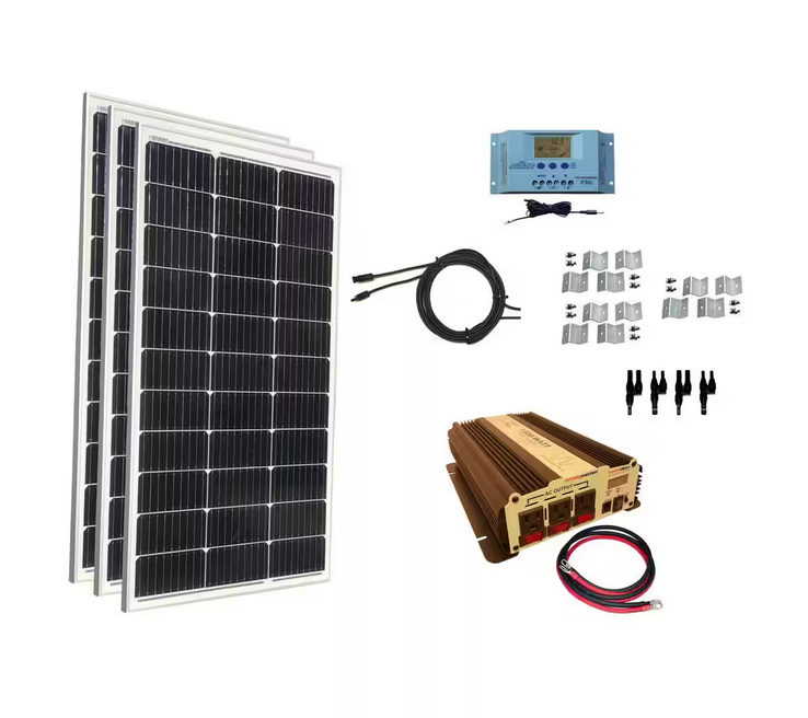 300-Watt Monocrystalline Solar Panel Kit with 30 Amp Solar Charge Controller Plus 1500-Watt Power Inverter - 91007714075