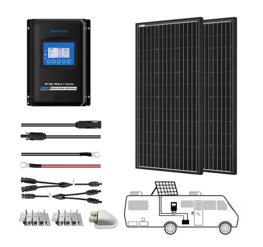 200-Watt Monocrystalline OffGrid Solar Power Kit with 2 x 100-Watt Solar Panel, 30 Amp MPPT Charge Controller - 91006356547