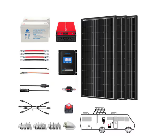 300-Watt Black Monocrystalline Off Grid Solar Power Kit, 3 x 100-Watt Solar Panel w/ (2) 100Ah Gel Deep Cycle Batteries - 91006791190