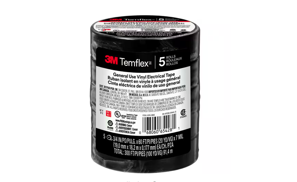 Temflex 3/4 in. x 60 ft. 1700 Electrical Tape Black (5-Pack) - 91004658379