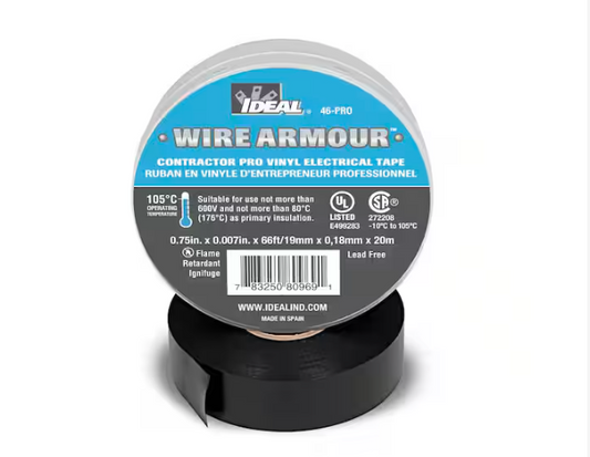 Wire Armour 3/4 in. x 66 ft. x 0.007 in. Contractor Pro Vinyl Tape, Black - 91005160130