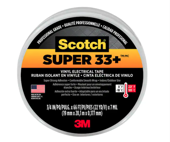 Super 33+ 3/4 in. x 66 ft. x 0.007 in. Vinyl Electrical Tape, Black - 9565679