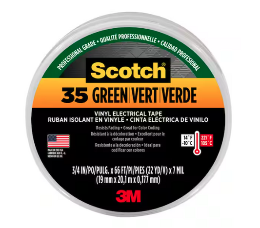 3/4 in. x 66 ft. x 0.007 in. #35 Vinyl Electrical Tape, Green - 9442592