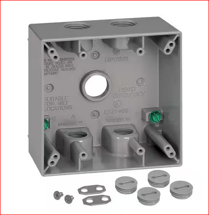 2-Gang Metal Weatherproof Electrical Outlet Box with (5) 1/2 inch Holes, Gray - 91010180478