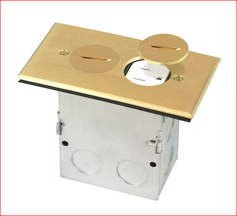 Floor Box Kit with Screw Caps, Electrical Box for Wood Sub-Flooring with 15 Amp TR Duplex Receptacle, Brass - 91009257583