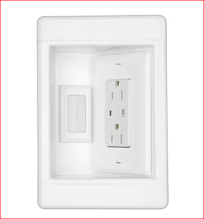 Pass & Seymour 1 Gang Recessed TV Media Box Kit with Surge Suppress Outlet, LV Access, and Metal Electrical Box, White - 91002962099