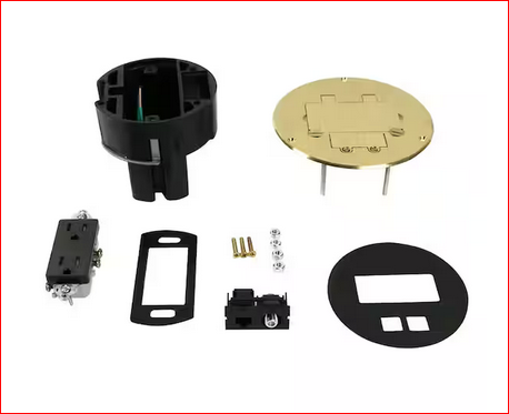 Wiremold Dual Service Floor Box Kit with 15 Amp Receptacle and 1 RJ45 Cat 5e Jack, Coax F Jack, Brass Cover