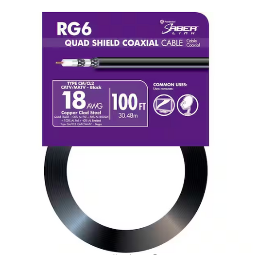 100 ft. 18 RG6 Quad Shield CU CATV CM/CL2 Coaxial Cable in Black - 9555422