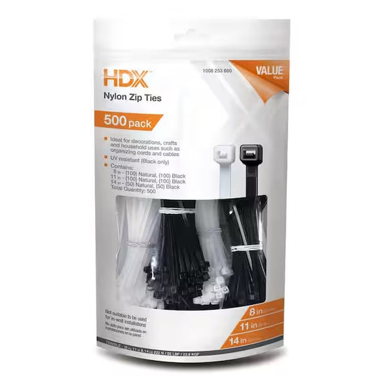 8 in. and 11 in. and 14 in. Zip Tie Black/Natural (500-Pack) - 91008253660