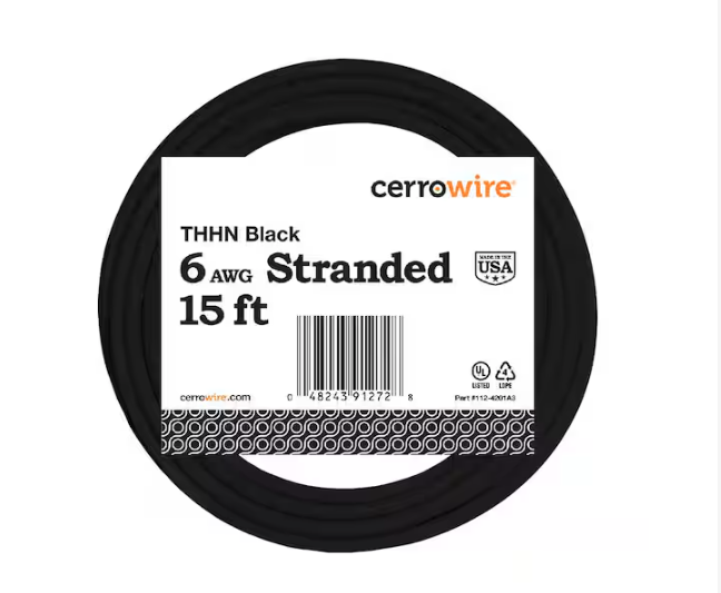 15 ft. 6 Gauge Black Stranded Copper THHN Wire - 91002520546