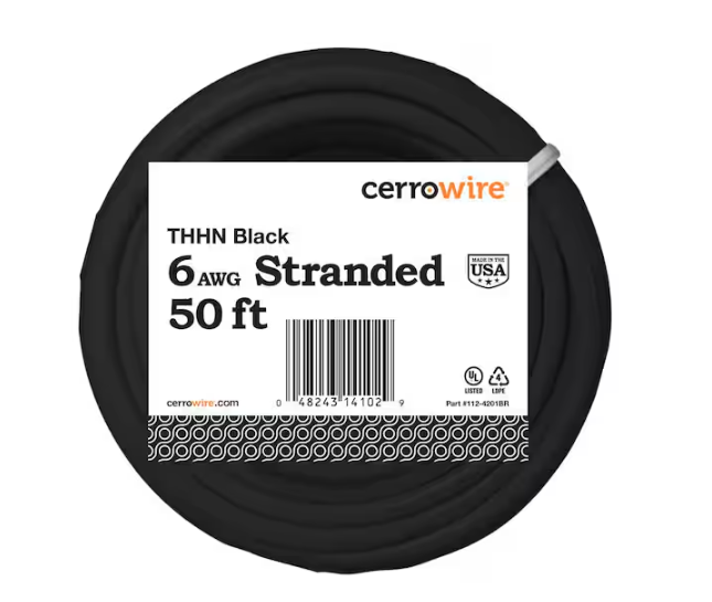 50 ft. 6 Gauge Black Stranded Copper THHN Wire - 9205447