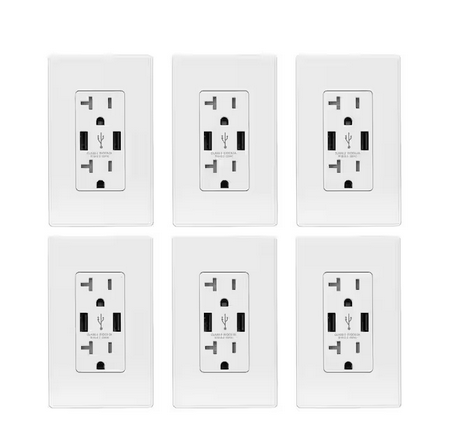 25-Watt 20 Amp Dual Type A USB Wall Duplex Outlet, Wall Plate Included, White (6-Pack) - 91005748928