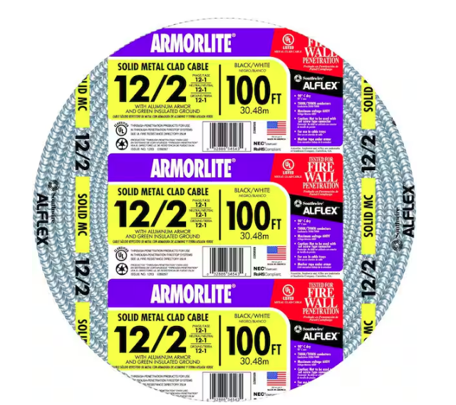 100 ft. 12-Gauge/2-Gauge Solid CU MC (Metal Clad) Armorlite Cable - 9369000