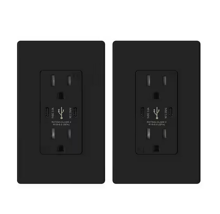 15 Amp 30-Watt Dual Type C USB Wall Charger with Duplex Tamper Resistant Outlet, Wall Plate Included, Black (2-Pack) - 91006544467