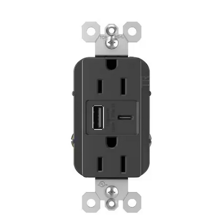 radiant 15 Amp 125-Volt Decorator Duplex Outlet with 6.0 Amp Type A/C USB, Black - 91007095875