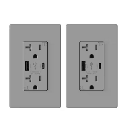 25-Watt 20 Amp Type C and Type A USB Duplex Outlet, Smart Chip High Speed Charging Wall Plate Included, Gray (2-Pack) - 91006202354