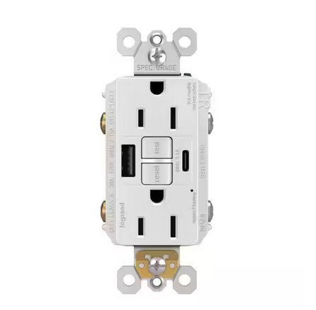 Radiant 15 Amp 125-Volt Tamper Resistant Self-Test GFCI Duplex Outlet with Type A/C USB, White