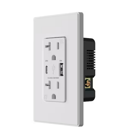 20W USB Wall Outlet with Type A and Type C USB Ports for Power Delivery and Quick Charge, w/Wall Plate, White (2 Pack) - 91009273450