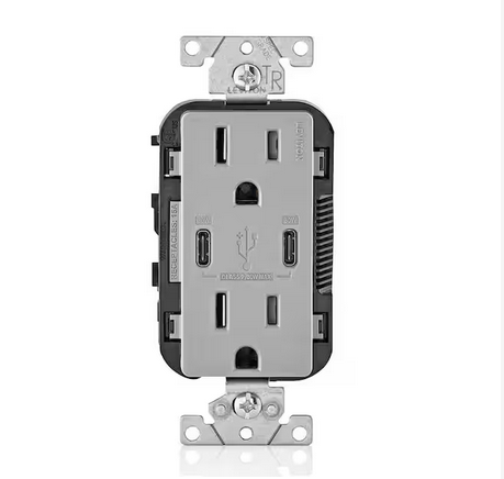 30-Watt 6 Amp USB Dual Type-C with Power Delivery In-Wall Charger/15 Amp 125-Volt Tamper-Resistant Outlet, Gray - 91004297132