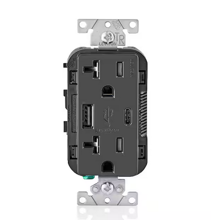 20 Amp Type A and Type-C USB Charger/Tamper Resistant Receptacle, Black - 91005617906
