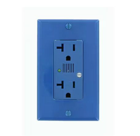 Decora Plus 20 Amp Industrial Grade Self Grounding Duplex Surge Outlet with Audible Alarm, Blue