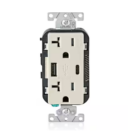 20 Amp Type A and Type-C USB Charger/Tamper Resistant Receptacle, Light Almond - 91005617905