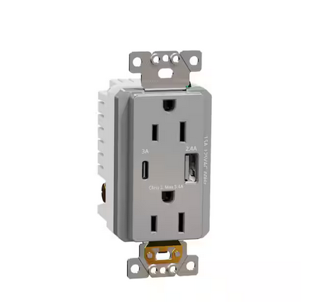 X Series 15 Amp 125-Volt Tamper Resistant Indoor USB A/C 5.4 Amp Duplex Decorator Outlet Back Wire Clamps Matte Gray - 91007764102