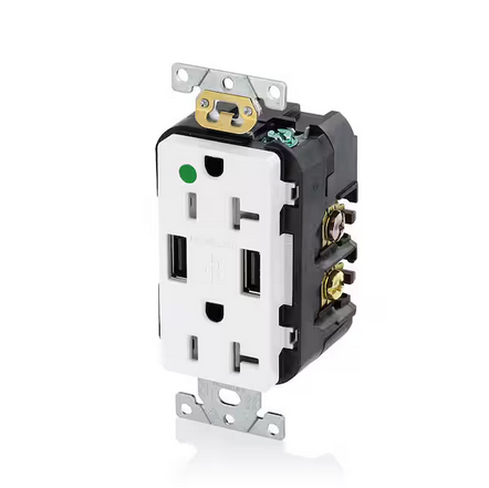 Decora 20 Amp Hospital Grade Tamper Resistant Duplex Outlet and 3.6 Amp USB Outlet, White