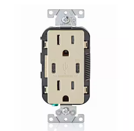15 Amp 125-Volt Tamper-Resistant Duplex Outlet/30-Watt 6 Amp USB Dual Type-C with Power Delivery In-Wall Charger, Ivory - 91004297122