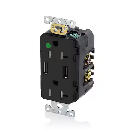 Decora 20 Amp Hospital Grade Tamper Resistant Duplex Outlet and 3.6 Amp USB Outlet, Black