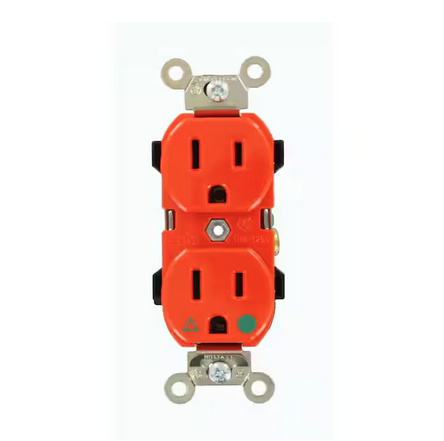15 Amp Hospital Grade Heavy Duty Isolated Ground Duplex Outlet, Orange
