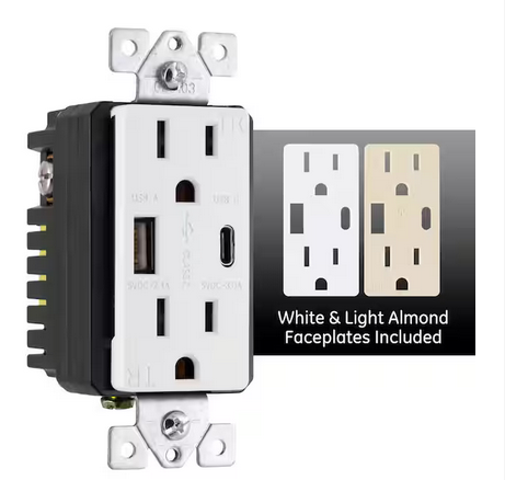 1 USB-A 1 USB-C In-Wall 2-Outlet 2-USB Receptacle, White - 91003560528