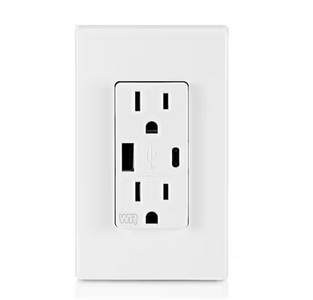 15 Amp Weather-Resistant USB Duplex Outlet with Type A and Type-C Ports, White - 91008465894