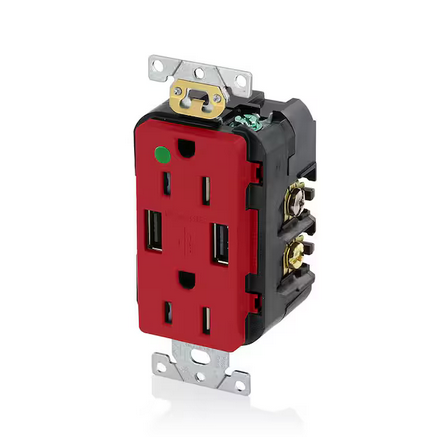 Decora 15 Amp Hospital Grade Tamper Resistant Duplex Outlet and 3.6 Amp USB Outlet, Red
