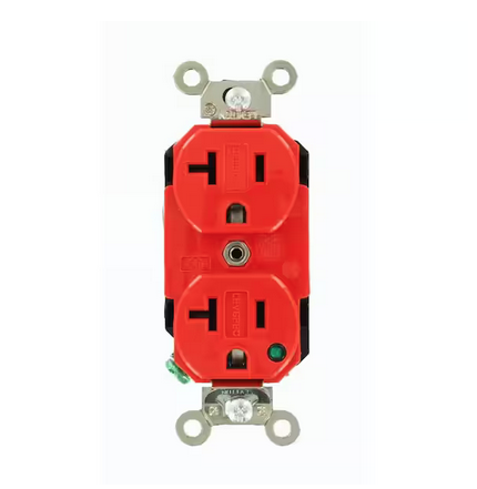20 Amp Hospital Grade Extra Heavy Duty Self Grounding Duplex Outlet with Power Indication, Red